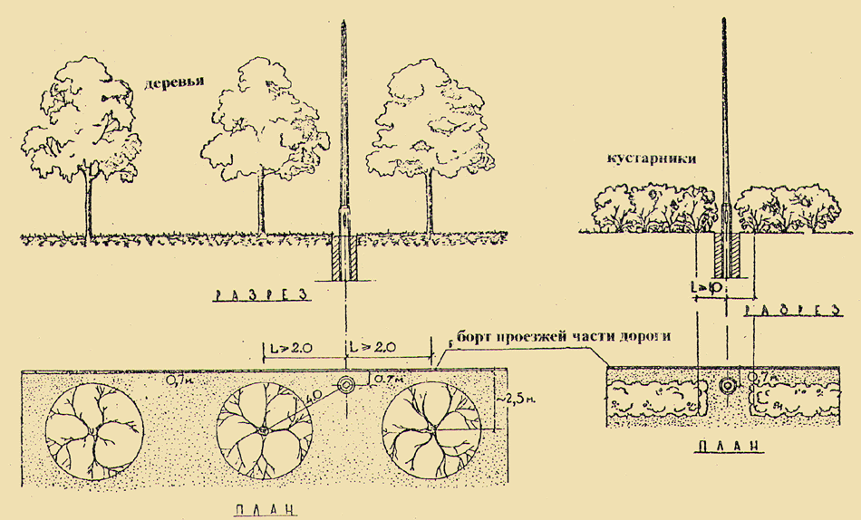 Размещение деревьев икустарников у осветительных устройств (мачты, столбы, росстояния в м) 